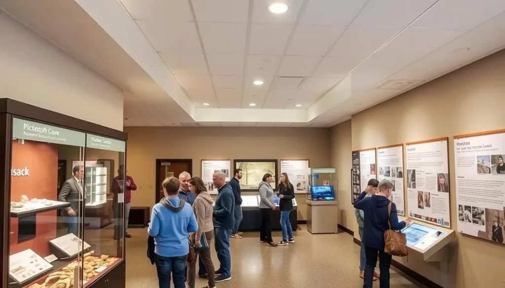 Interior of the Visitor Center at Pictograph Cave State Park showing artifact displays and educational exhibits Interior of the Visitor Center at Pictograph Cave State Park showing artifact displays and educational exhibits