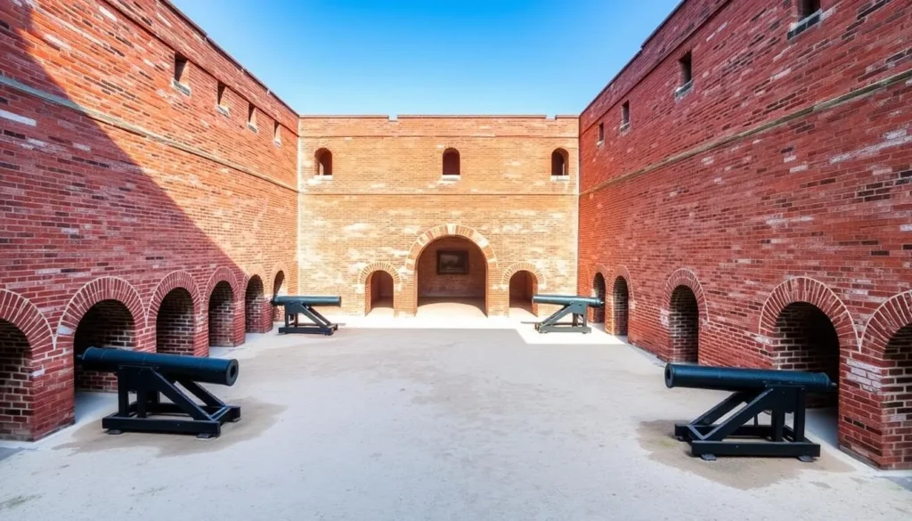 Interior view of Fort Clinch State Park showing brick archways and historic cannons in Nassau County Florida Interior view of Fort Clinch State Park showing brick archways and historic cannons in Nassau County Florida