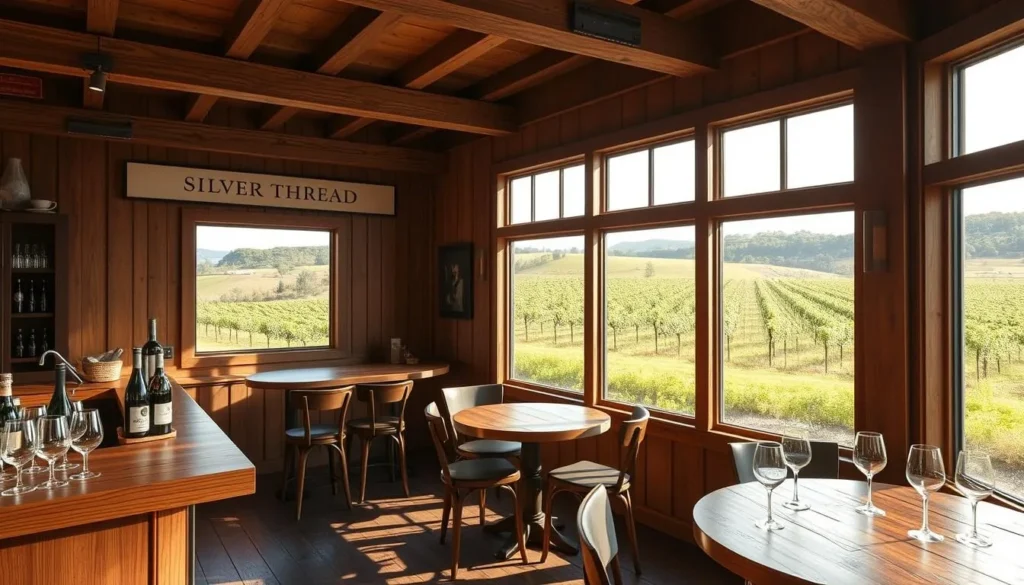 Intimate tasting room at Silver Thread Vineyard with views of their sustainable vineyards
