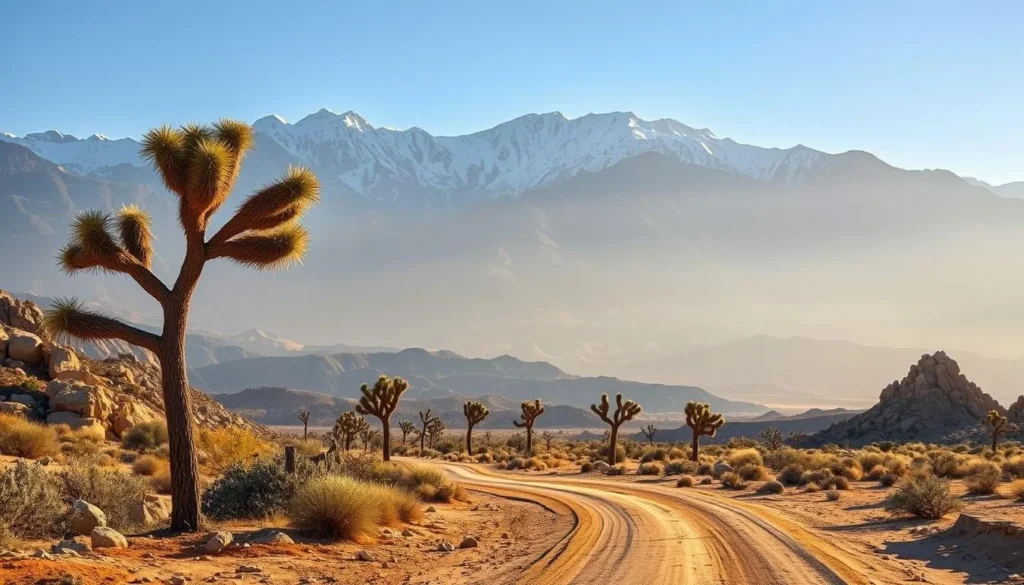 Inyo County landscape, a land of extremes. Majestic snow-capped mountains rise against a clear azure sky, their rugged peaks casting long shadows across the arid desert below. In the foreground, a winding dusty road leads through a sparse landscape dotted with scrubby Joshua trees and weathered rock formations. The warm, golden light of the afternoon sun bathes the scene, creating a sense of tranquility and timelessness. A light breeze rustles the leaves of the twisted, gnarled trees, hinting at the harsh yet beautiful environment. Capture the essence of this unique and captivating region, where nature's extremes coexist in a delicate balance.