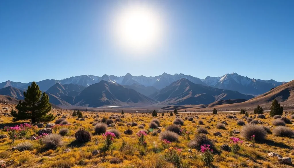 Inyo National Forest, a sprawling wilderness of towering peaks, serene alpine lakes, and ancient bristlecone pines. Capture the rugged grandeur of the landscape with a wide-angle lens, showcasing the dramatic mountain silhouettes against a clear, azure sky. In the foreground, frame a tranquil meadow dotted with vibrant wildflowers, inviting the viewer to immerse themselves in the peaceful ambiance. Bathe the scene in warm, golden light, casting long shadows and highlighting the textural details of the terrain. Convey a sense of adventure and tranquility, enticing the viewer to explore the boundless natural wonders of this remarkable wilderness.
