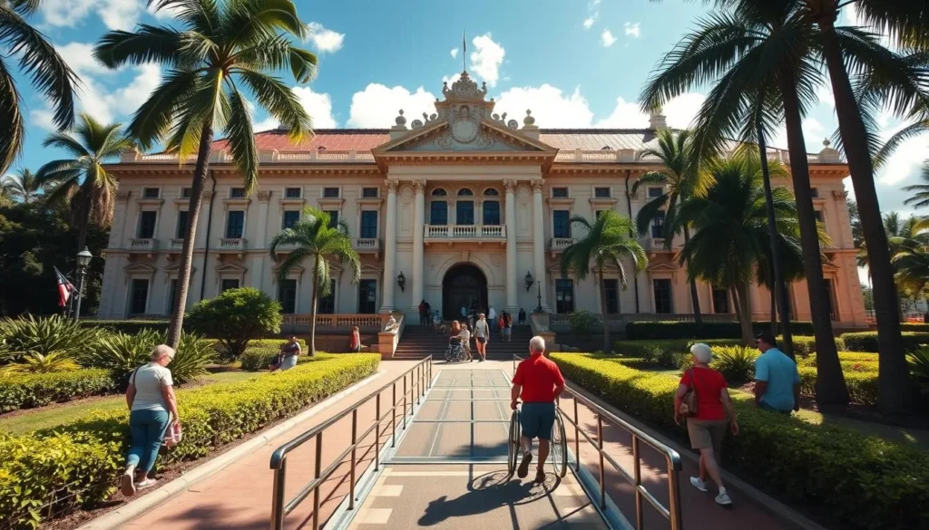 Iolani Palace, a grand 19th-century Hawaiian royal residence, stands proudly in the sunlit heart of Honolulu. Capture its stately facade, adorned with ornate architectural details, as visitors approach the accessible entrance ramp. Showcase the palace's wheelchair-friendly pathways, lined with lush tropical greenery, leading to the inviting main entrance. Depict the welcoming atmosphere, with people of all abilities exploring the grounds and admiring the palace's majestic presence. Utilize natural lighting to highlight the structure's ornate features and convey a sense of warmth and accessibility. Compose the scene to emphasize the palace's inclusive design, ensuring it is a captivating and welcoming destination for all.