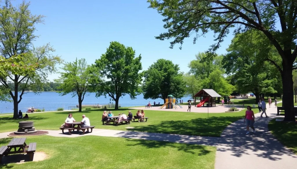 Island Lake during summer with families enjoying picnic areas and playground Island Lake during summer with families enjoying picnic areas and playground