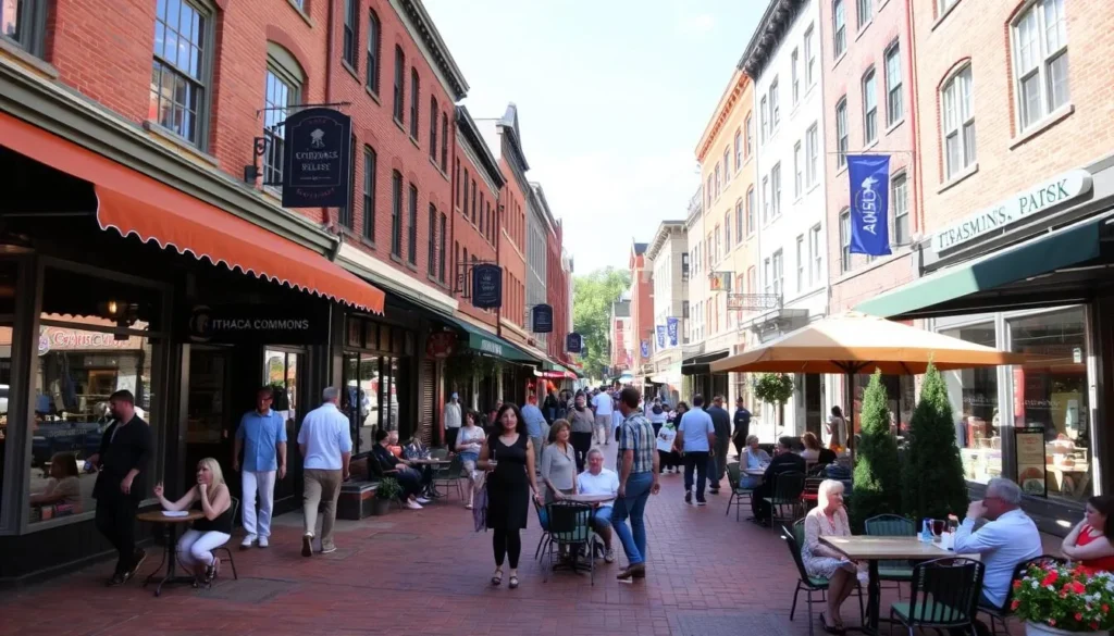 Ithaca Commons pedestrian shopping area with shops, restaurants and outdoor seating Ithaca Commons pedestrian shopping area with shops, restaurants and outdoor seating