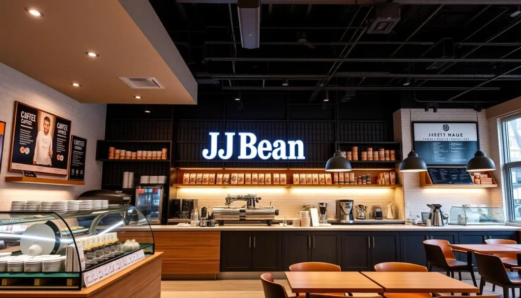 JJ Bean coffee shop interior with a modern design and a variety of coffee roasts on display