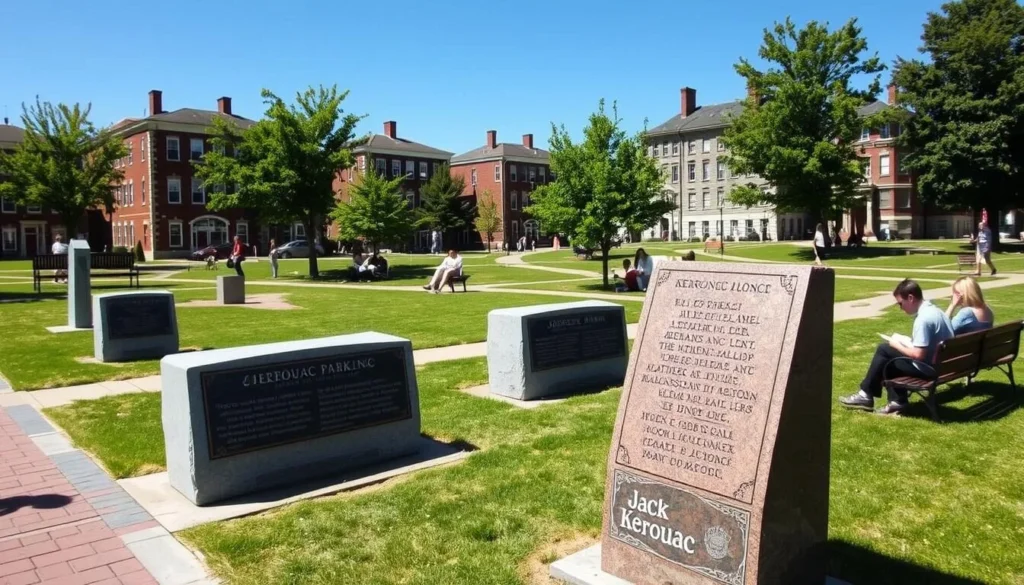 Jack Kerouac Park in Lowell with commemorative monuments and visitors reading the inscriptions Jack Kerouac Park in Lowell with commemorative monuments and visitors reading the inscriptions