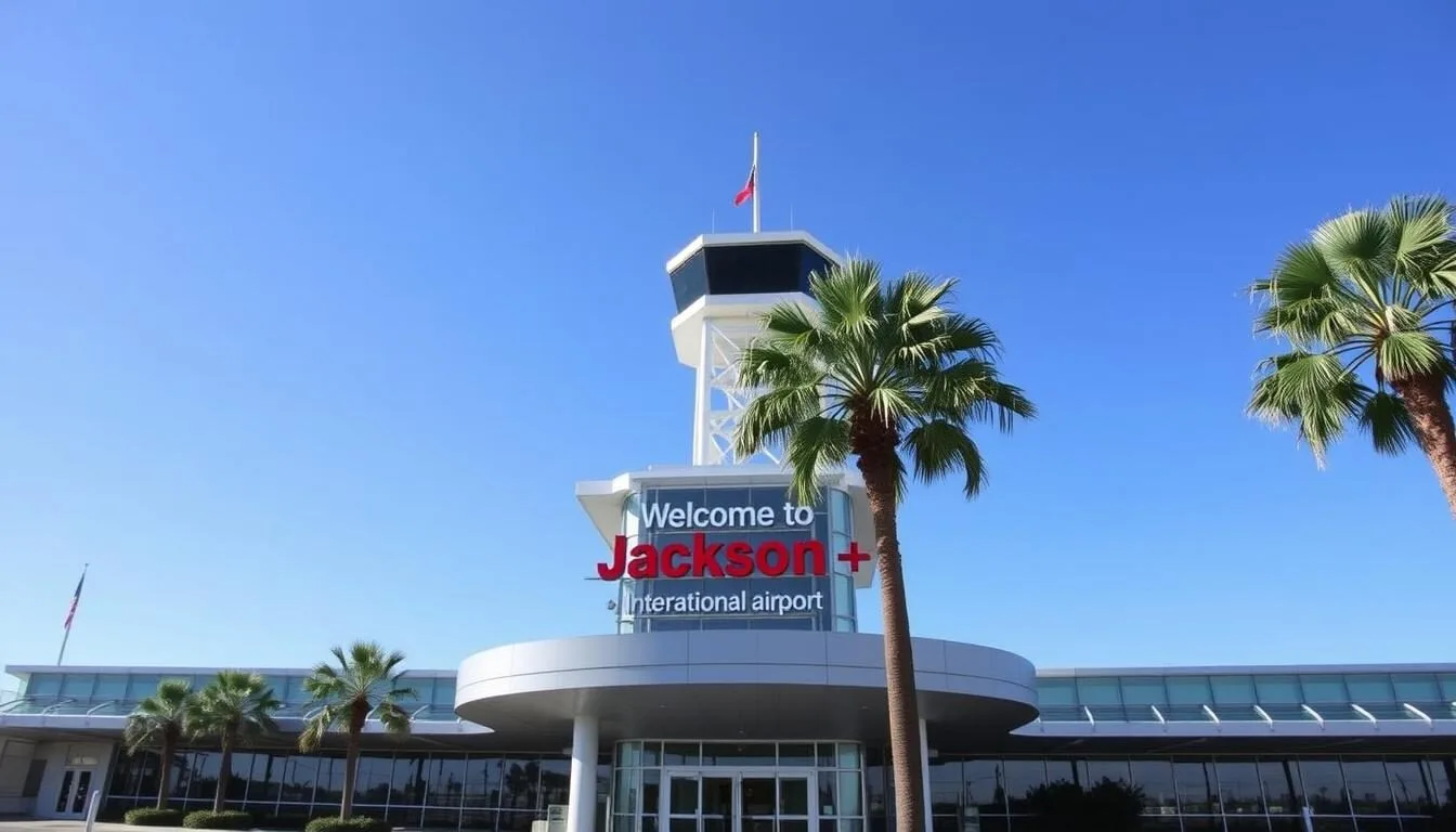 Jackson-Medgar Wiley Evers International Airport entrance with 'Welcome to Jackson' sign on a sunny day