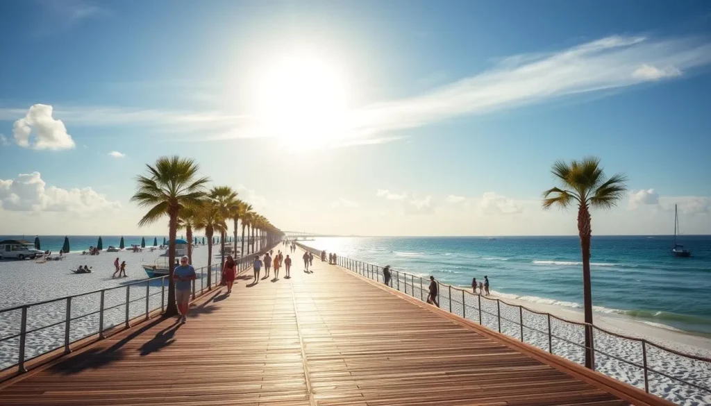 Jacksonville Beach boardwalk on a sunny spring day in Duval County, Florida