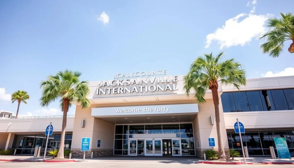 Jacksonville International Airport entrance with palm trees in Duval County, Florida