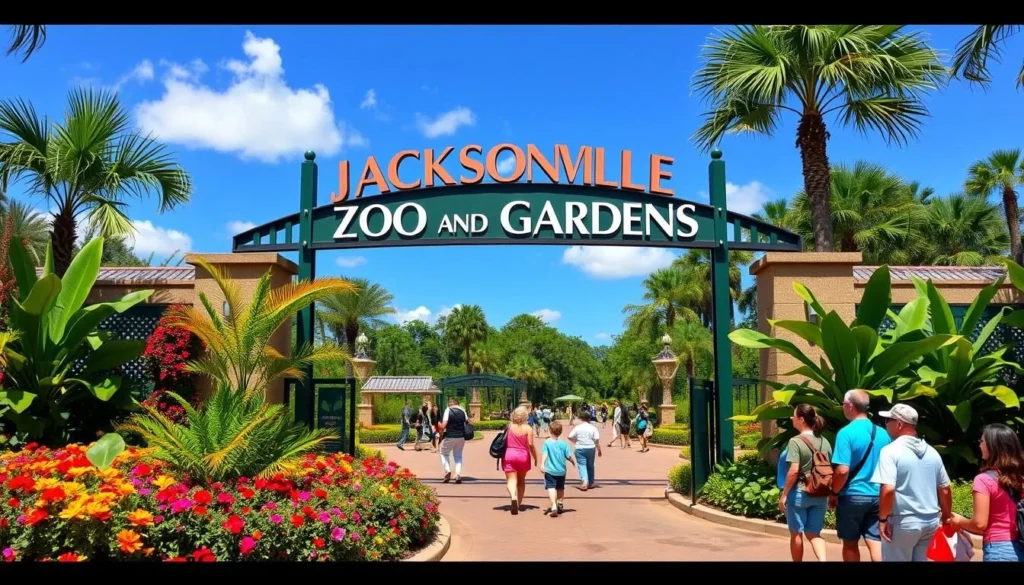 Jacksonville Zoo and Gardens entrance with exotic animals in Duval County, Florida Jacksonville Zoo and Gardens entrance with exotic animals in Duval County, Florida