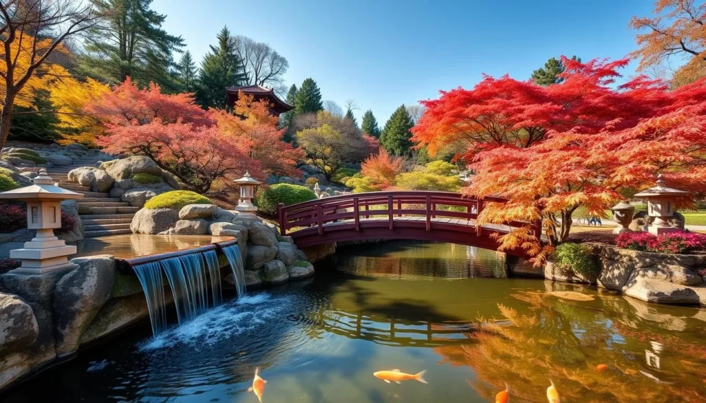Japanese Garden at Maymont with waterfall, koi pond and traditional bridge Japanese Garden at Maymont with waterfall, koi pond and traditional bridge