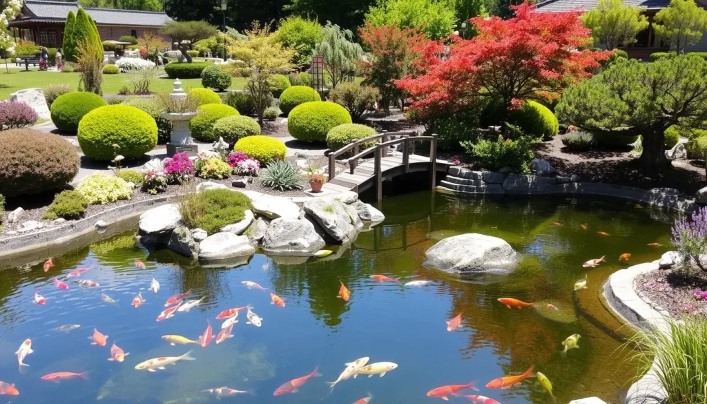 Japanese garden with koi pond at Ogden Gardens in Valparaiso Japanese garden with koi pond at Ogden Gardens in Valparaiso