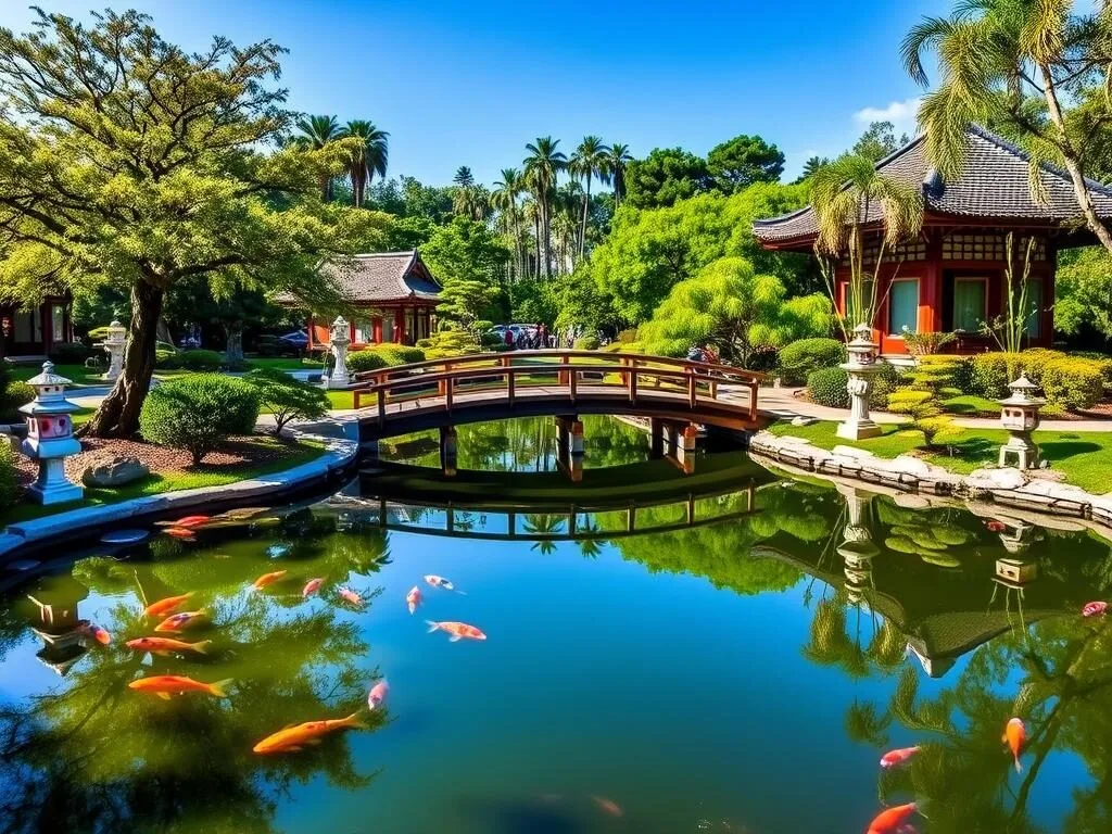 Japanese gardens with koi pond at Morikami Museum in Palm Beach County Florida Japanese gardens with koi pond at Morikami Museum in Palm Beach County Florida