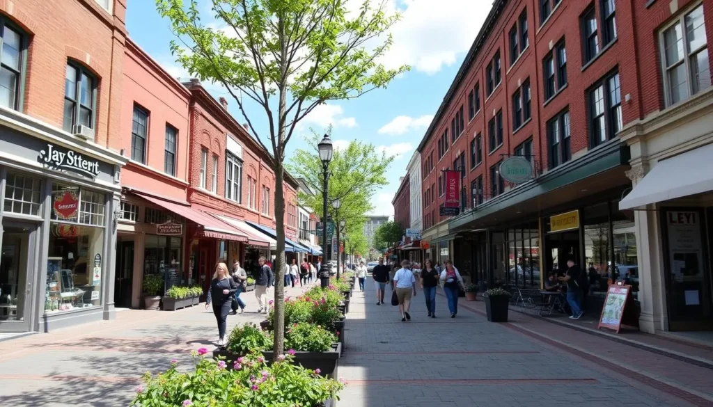 Jay Street Pedestrian Marketplace in Schenectady with shops, cafes, and pedestrians Jay Street Pedestrian Marketplace in Schenectady with shops, cafes, and pedestrians