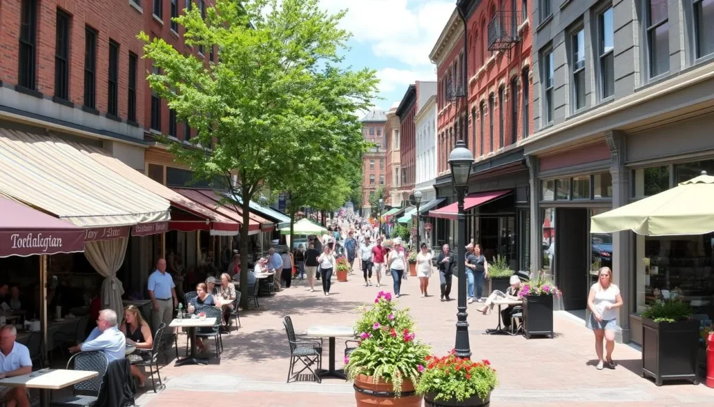 Jay Street in downtown Schenectady with outdoor dining, pedestrians, and historic buildings Jay Street in downtown Schenectady with outdoor dining, pedestrians, and historic buildings