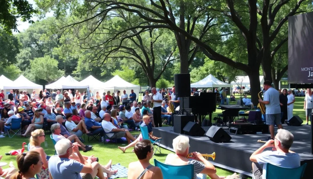 Jazz musicians performing on stage at Montclair Jazz Festival with large audience in Nishuane Park Jazz musicians performing on stage at Montclair Jazz Festival with large audience in Nishuane Park