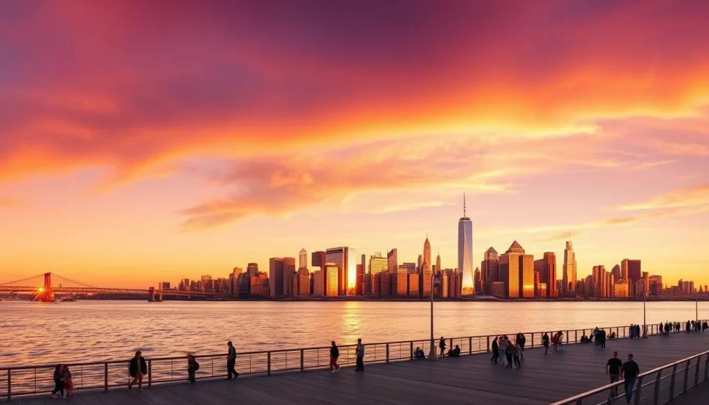 Jersey City waterfront with Manhattan skyline at sunset Jersey City waterfront with Manhattan skyline at sunset