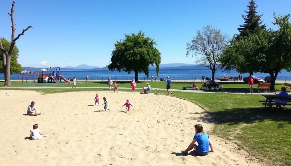 Juanita Beach Park in Kirkland Washington with families enjoying the lakefront Juanita Beach Park in Kirkland Washington with families enjoying the lakefront