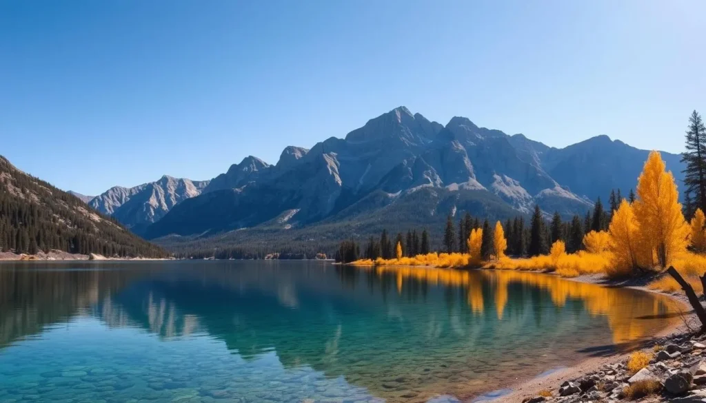 June Lake with fall colors reflecting in the clear water surrounded by mountains June Lake with fall colors reflecting in the clear water surrounded by mountains