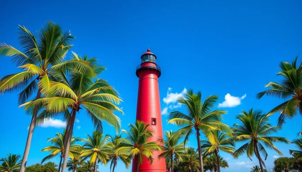 Jupiter Lighthouse with palm trees and blue sky in Palm Beach County Florida