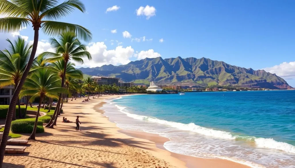 Kaanapali Beach, Maui, Hawaii: a picturesque tropical paradise. Capture the stunning azure waters gently lapping against the soft, golden sand. Lush palm trees sway in the gentle breeze, casting playful shadows across the scene. Beachgoers relax on comfortable lounge chairs, soaking up the warm, sun-dappled atmosphere. Elegant resorts and hotels line the shore, their modern architecture seamlessly blending with the natural beauty. In the distance, the majestic West Maui Mountains rise, their lush, verdant slopes framing the entire idyllic landscape. Bright, natural lighting casts a warm, inviting glow over the entire beach, creating a serene and tranquil ambiance.