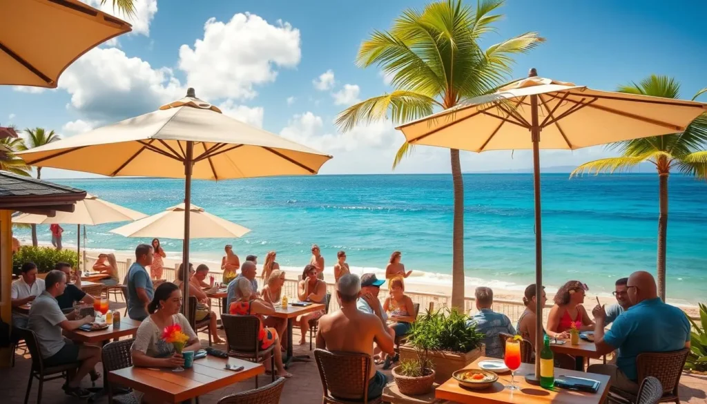Kailua Beach, a picturesque seaside destination in Oahu, Hawaii, bustling with a variety of dining options. Capture a vibrant scene of beachgoers enjoying local cuisine under the warm, golden sun. In the foreground, showcase the inviting al fresco seating of a charming open-air restaurant, with tables adorned with tropical flowers and umbrellas providing shade. In the middle ground, depict people savoring fresh seafood dishes and refreshing cocktails, while in the background, the pristine azure waters of Kailua Beach and the lush, palm-dotted landscape set the serene, island-paradise atmosphere.
