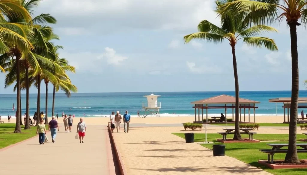 Kailua Beach, a picturesque stretch of sand and surf on the island of Oahu, Hawaii. The scene depicts the beachfront facilities, with a wide, well-maintained promenade lined with palm trees. In the foreground, visitors stroll along the path, enjoying the warm sun and gentle ocean breeze. In the middle ground, a lifeguard tower stands vigilant, overlooking the azure waters and swimmers playing in the gentle waves. Farther back, a series of pavilions and shade structures provide ample space for families to gather, with picnic tables and grassy areas for relaxation. The scene is bathed in a warm, golden light, creating a serene and inviting atmosphere that captures the essence of Kailua Beach and its amenities.