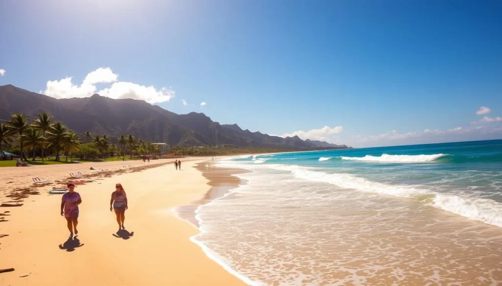 Kailua Beach, a stunning crescent of pristine white sand along Oahu's windward coast, is bathed in warm, golden sunlight. Gently lapping waves caress the shore, their soothing rhythm set against a backdrop of verdant mountains and swaying palm trees. In the foreground, beachgoers stroll leisurely, their faces radiating joy as they bask in the idyllic Hawaiian atmosphere. The scene is captured through a wide-angle lens, conveying a sense of expansive tranquility and natural beauty. This serene, picturesque setting perfectly encapsulates the essence of Kailua Beach, a true haven for those seeking to discover the wonders of Hawaii's windward paradise.