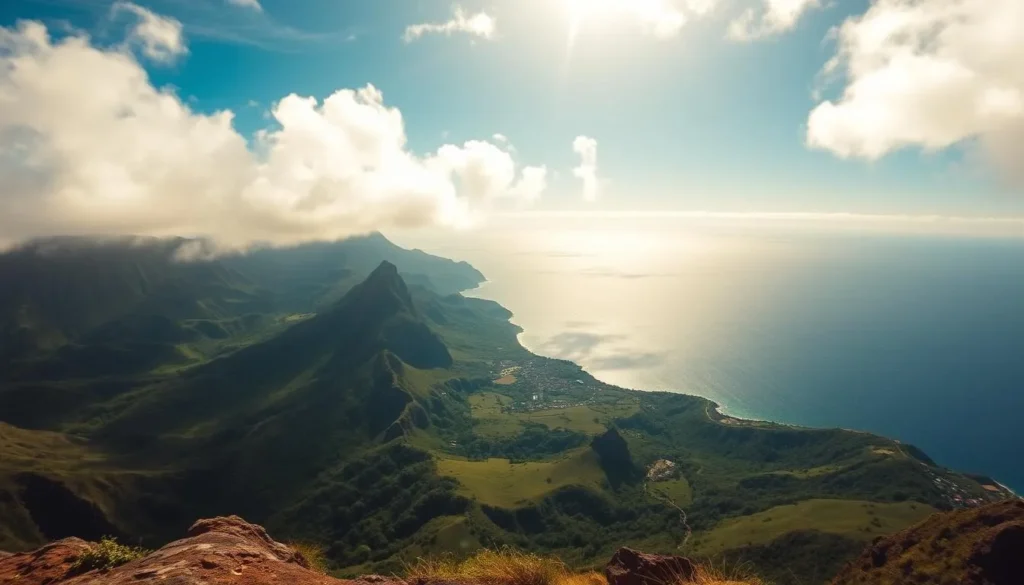 Kalaupapa Lookout, a breathtaking vista overlooking the serene Kalaupapa Peninsula in Molokai, Hawaii. Capture the awe-inspiring landscape with a wide-angle lens, showcasing the lush green valleys, towering sea cliffs, and the azure Pacific Ocean in the distance. Bathe the scene in warm, golden sunlight filtering through wispy clouds, casting a tranquil glow over the rugged terrain. Compose the image to highlight the dramatic elevation, drawing the viewer's eye towards the remote and isolated Kalaupapa settlement nestled below. Convey a sense of peaceful solitude and the majesty of Molokai's natural wonders.