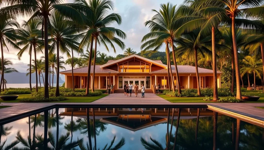 Kaloko-Honokohau National Historical Park visitor center, an architectural marvel nestled amidst the lush Hawaiian landscape. A grand entryway framed by towering palm trees, leading to a modern structure with clean lines and large windows that invite the outdoors in. The building features a warm, earthy color palette, seamlessly blending with the surrounding natural beauty. In the foreground, a tranquil reflecting pool mirrors the structure, creating a serene and inviting atmosphere. Visitors can be seen exploring the grounds, taking in the stunning views of the nearby coastline. Soft, diffused lighting illuminates the scene, highlighting the intricate details and textures of the building's design.
