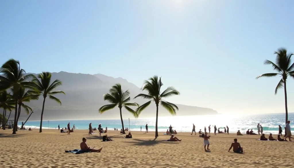Kamaole Beach Park, Maui, Hawaii: a tranquil oceanfront oasis, where soft white sands meet the turquoise waters of the Pacific. In the foreground, beachgoers relax under the warm island sun, their silhouettes captured in a golden glow. Swaying palm trees line the middle ground, their fronds casting gentle shadows on the scene. In the distance, the volcanic slopes of Haleakala rise majestically, their rugged contours softened by a hazy, atmospheric light. The overall mood is one of serene, tropical harmony, inviting visitors to immerse themselves in the natural beauty that has defined this stretch of Maui's coastline for generations.