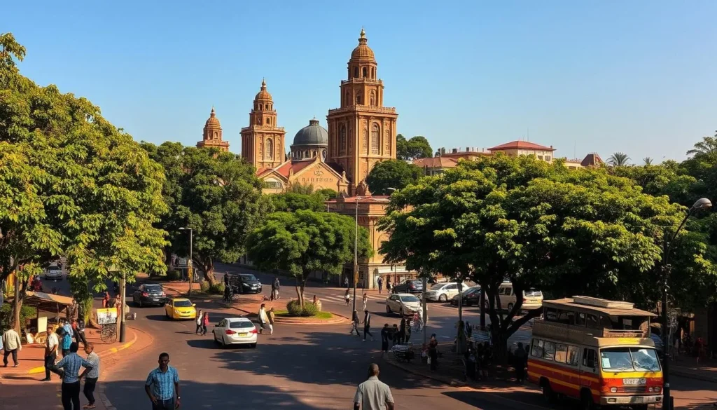 Kananga city, nestled in the heart of the Democratic Republic of Congo, a vibrant tapestry of bustling streets, towering colonial-era buildings, and lush greenery. Capture the essence of this urban oasis with a wide-angle lens, showcasing the city's distinct architectural silhouette against a clear blue sky. Populate the foreground with the energy of local life - people strolling along tree-lined avenues, vendors selling their wares, and children at play. Utilize warm, golden hues to convey a sense of tranquility and contentment, inviting the viewer to immerse themselves in the rhythm of this thriving African metropolis.