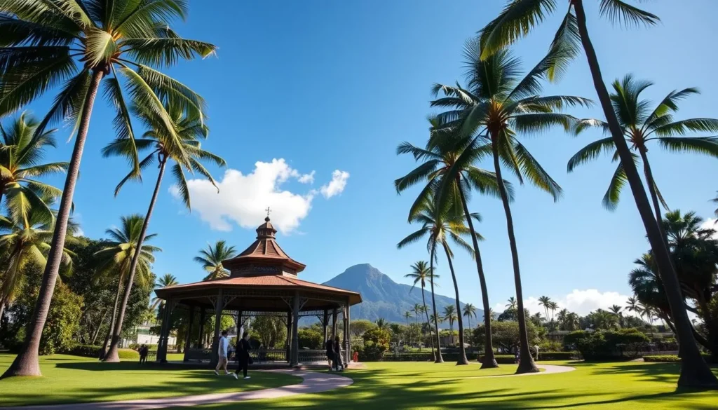 Kapiolani Park Bandstand, a picturesque Victorian-style pavilion set against the lush backdrop of towering palm trees and a clear blue sky. The ornate structure stands proudly, its intricate wooden beams and columns casting gentle shadows across the well-manicured lawn. Visitors stroll along the winding pathways, taking in the serene atmosphere as a light breeze rustles the leaves. In the distance, the iconic Diamond Head crater looms, completing the idyllic Hawaiian landscape. Capture this tranquil scene with a medium-wide angle lens, showcasing the bandstand's architectural details and the surrounding natural beauty.