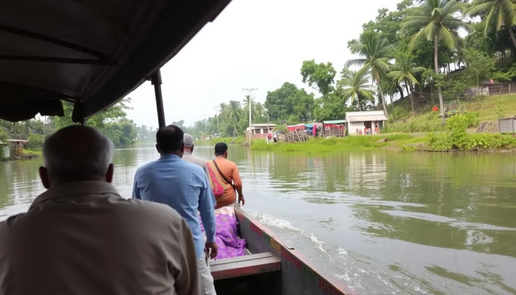 Karatoa River boat ride in Bogra, Bangladesh, showcasing the local scenery and people.