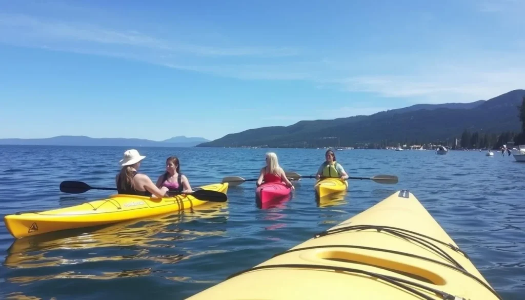 Kayak rentals in Kings Beach, Lake Tahoe, with calm waters and scenic views