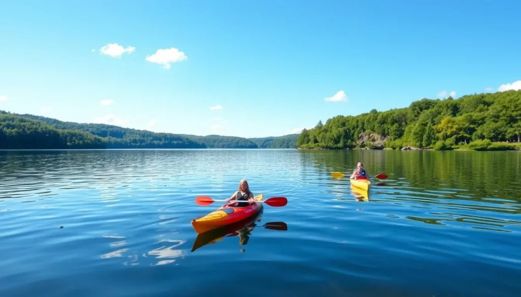 Kayakers enjoying a peaceful day on one of Herkimer County's lakes surrounded by forest Kayakers enjoying a peaceful day on one of Herkimer County's lakes surrounded by forest