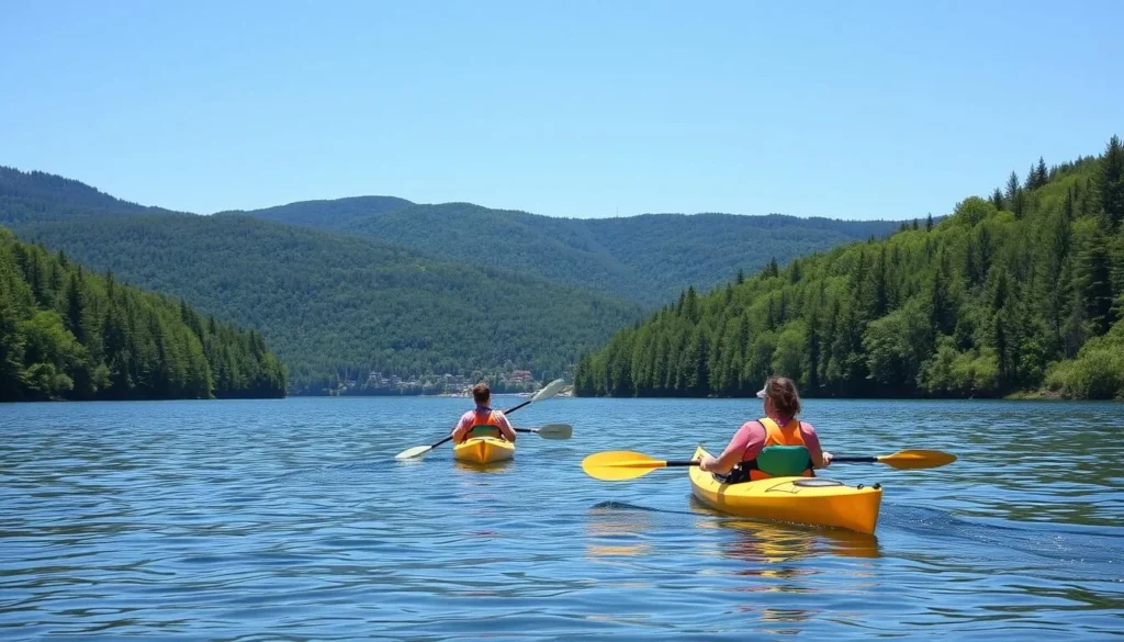 Kayakers enjoying a peaceful paddle on Otsego Lake with forested shoreline and mountains in background Kayakers enjoying a peaceful paddle on Otsego Lake with forested shoreline and mountains in background