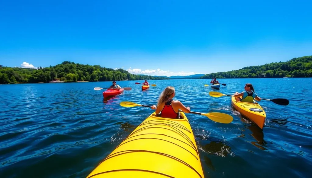 Kayakers enjoying a sunny day on a lake in Sullivan County New York