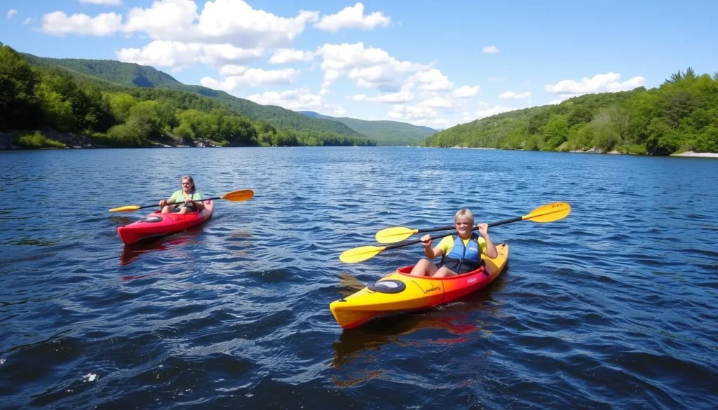 Kayakers enjoying the Mohawk River in Montgomery County, New York on a sunny summer day Kayakers enjoying the Mohawk River in Montgomery County, New York on a sunny summer day