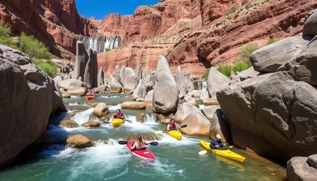 Kayakers exploring Pillar Falls on the Snake River in Twin Falls Idaho