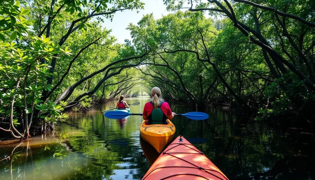 Kayakers exploring mangrove tunnels at Robinson Preserve in Manatee County Florida Kayakers exploring mangrove tunnels at Robinson Preserve in Manatee County Florida