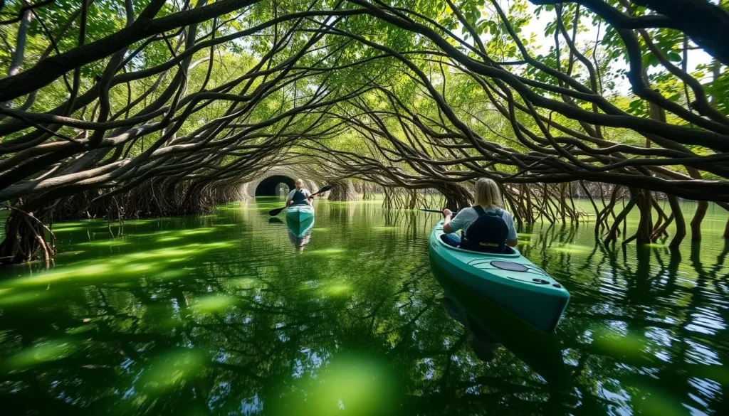 Kayakers exploring mangrove tunnels on the North Fork St. Lucie Aquatic Preserve Kayakers exploring mangrove tunnels on the North Fork St. Lucie Aquatic Preserve