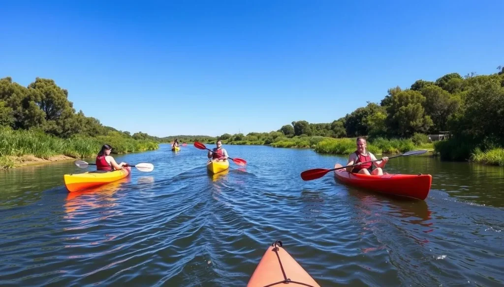 Kayakers exploring the Delta waterways in eastern Contra Costa County on a clear sunny day Kayakers exploring the Delta waterways in eastern Contra Costa County on a clear sunny day