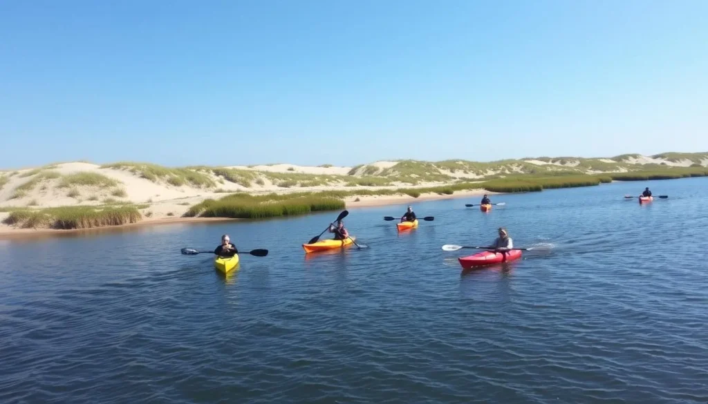 Kayakers exploring the Ogunquit River with beach views