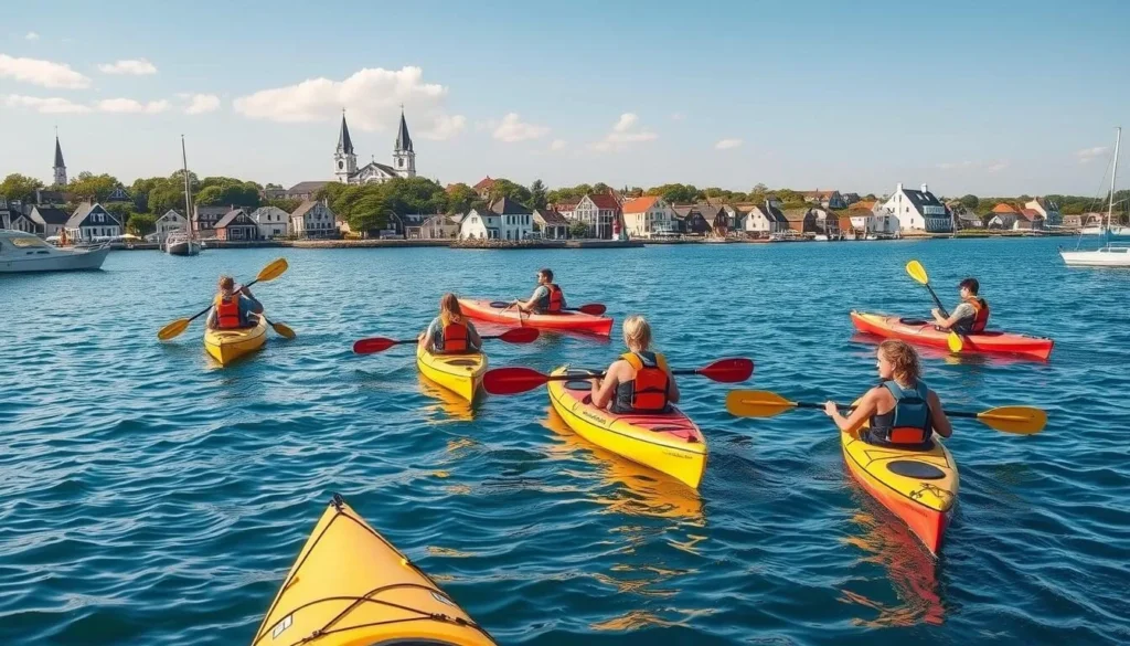 Kayakers exploring the calm waters of Nantucket Harbor on a sunny day Kayakers exploring the calm waters of Nantucket Harbor on a sunny day