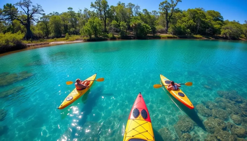 Kayakers exploring the clear waters of Wakulla River, a popular Wakulla County, Florida things to do activity