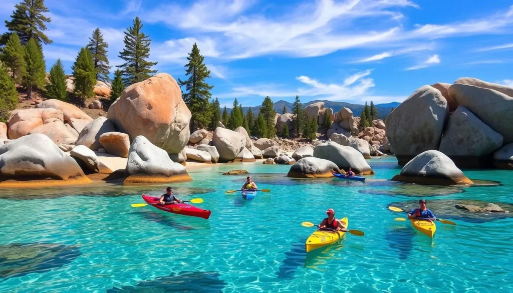 Kayakers exploring the granite boulders and clear waters near Sand Harbor Beach at Lake Tahoe, Nevada Kayakers exploring the granite boulders and clear waters near Sand Harbor Beach at Lake Tahoe, Nevada