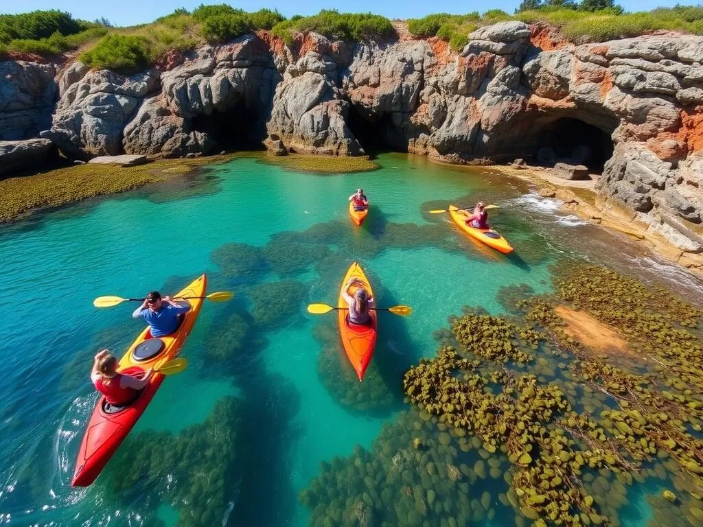 Kayakers exploring the kelp forests and sea caves near Santa Cruz coastline Kayakers exploring the kelp forests and sea caves near Santa Cruz coastline