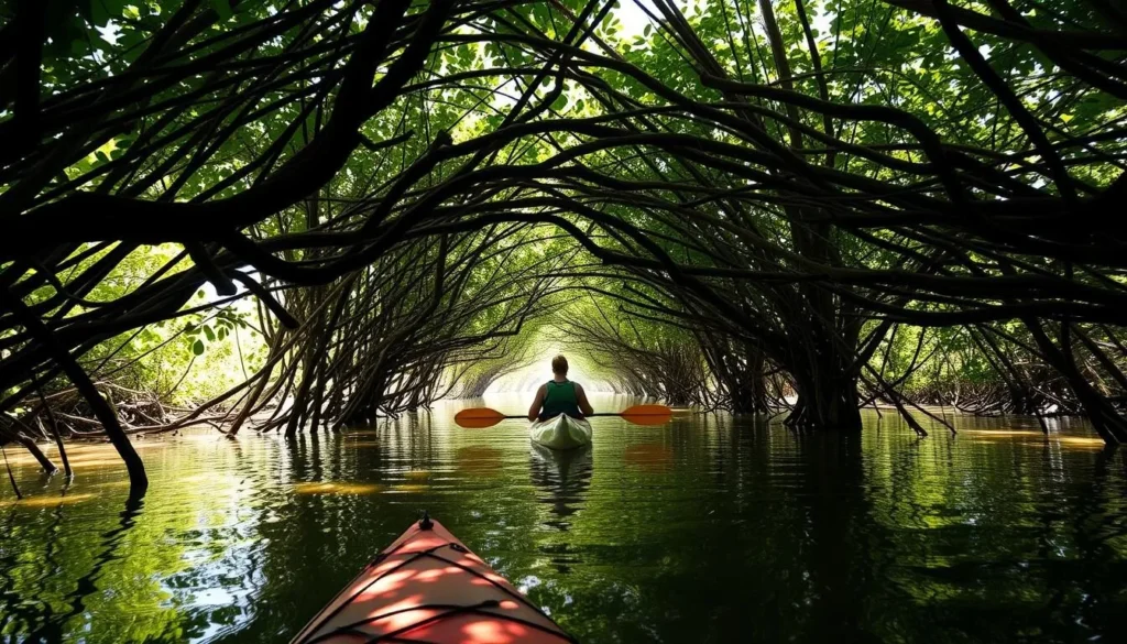 Kayakers exploring the mangrove tunnels at Lido Key in Sarasota Florida Kayakers exploring the mangrove tunnels at Lido Key in Sarasota Florida