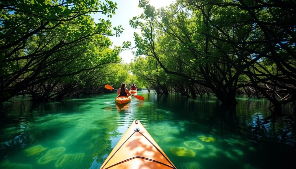 Kayakers exploring the mangroves in Mosquito Lagoon in Volusia County, Florida Kayakers exploring the mangroves in Mosquito Lagoon in Volusia County, Florida